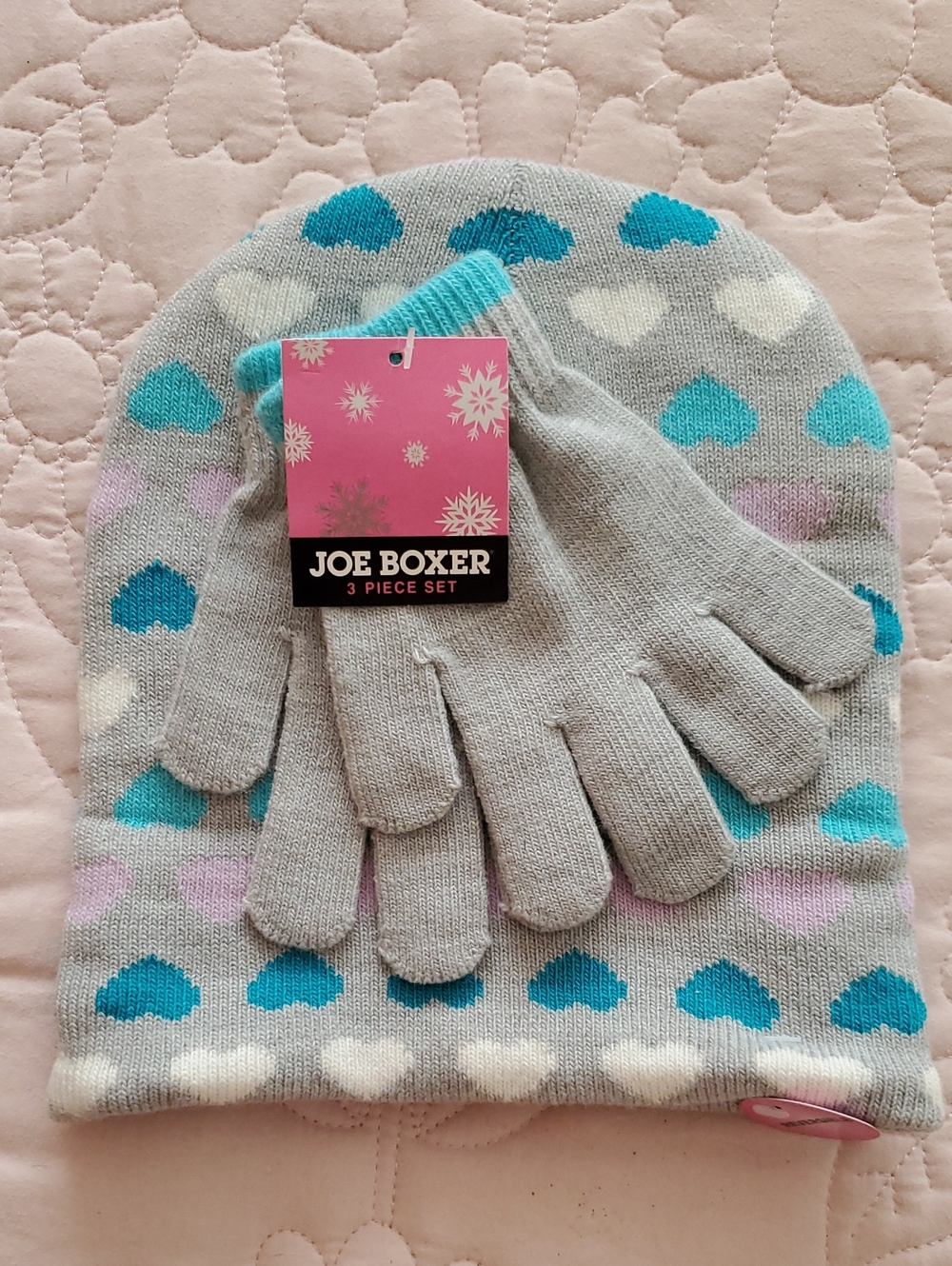 Joe Boxer Kids' Gray Beanie & Gloves Set - Aqua Heart Pattern